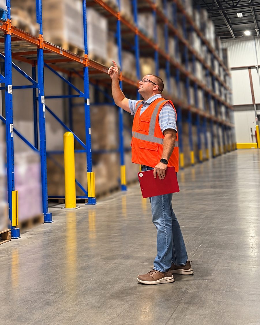 David Pangaro conducting a racking inspection in a distribution warehouse